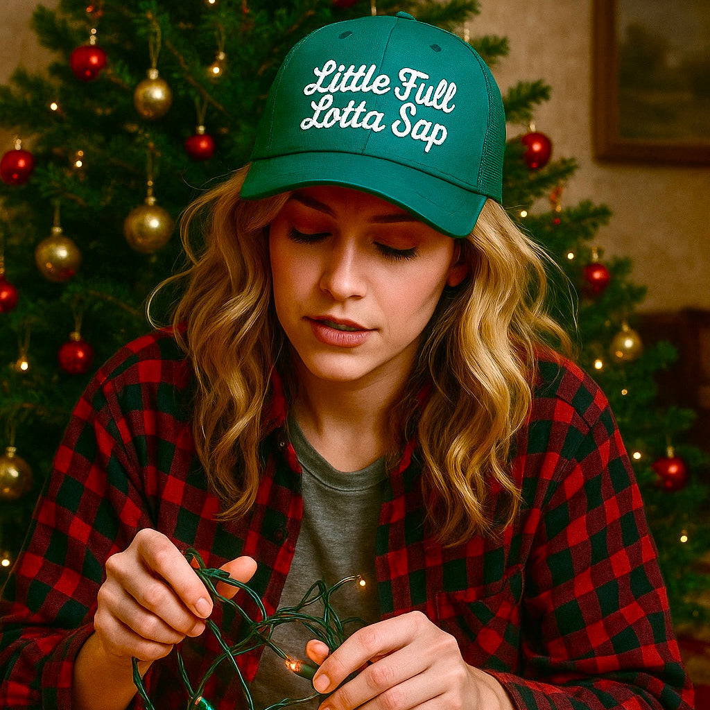 Woman wearing a green cap with 'Little Full Lotta Sap' text, sitting in front of a decorated Christmas tree.